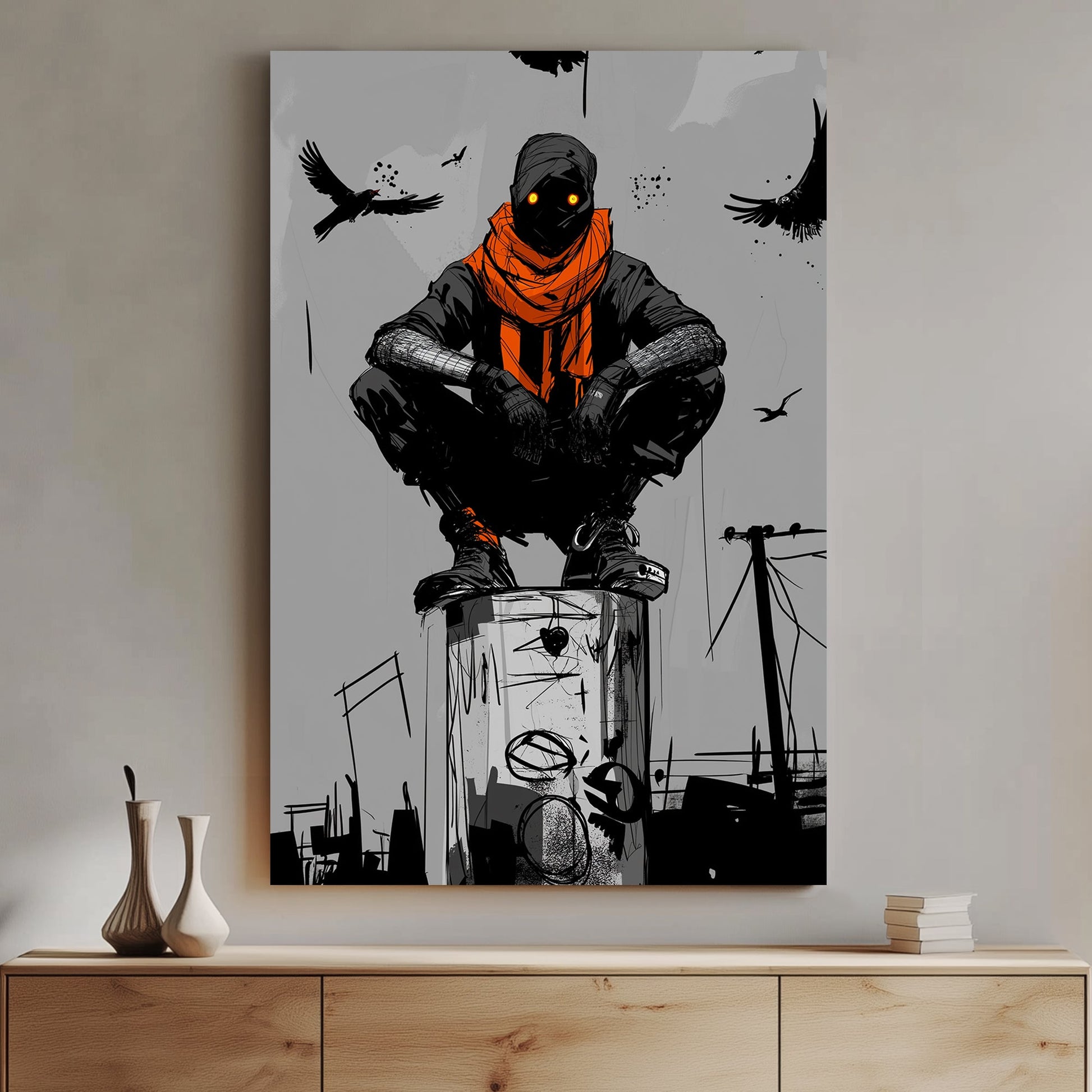 A powerful black and white wall art print featuring a mysterious hooded figure with glowing eyes perched above an urban landscape, surrounded by crows.