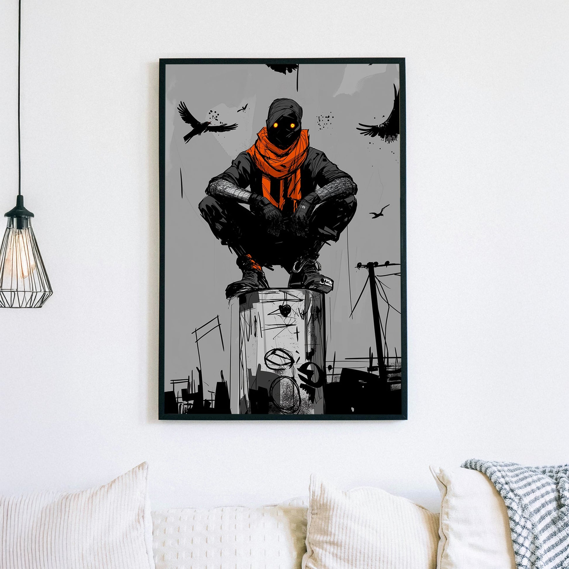 A powerful black and white wall art print featuring a mysterious hooded figure with glowing eyes perched above an urban landscape, surrounded by crows.
