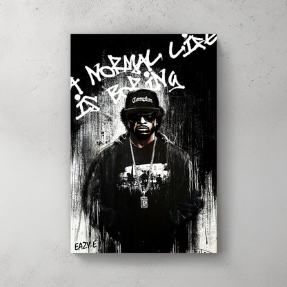 A bold black-and-white graffiti-style wall art print of a hip-hop legend Eaze-E, featuring raw paint drips and rebellious street art typography.