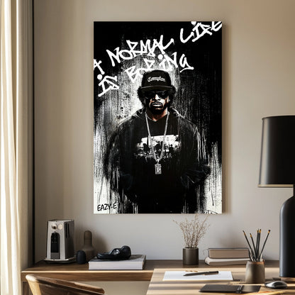 A bold black-and-white graffiti-style wall art print of a hip-hop legend Eaze-E, featuring raw paint drips and rebellious street art typography.