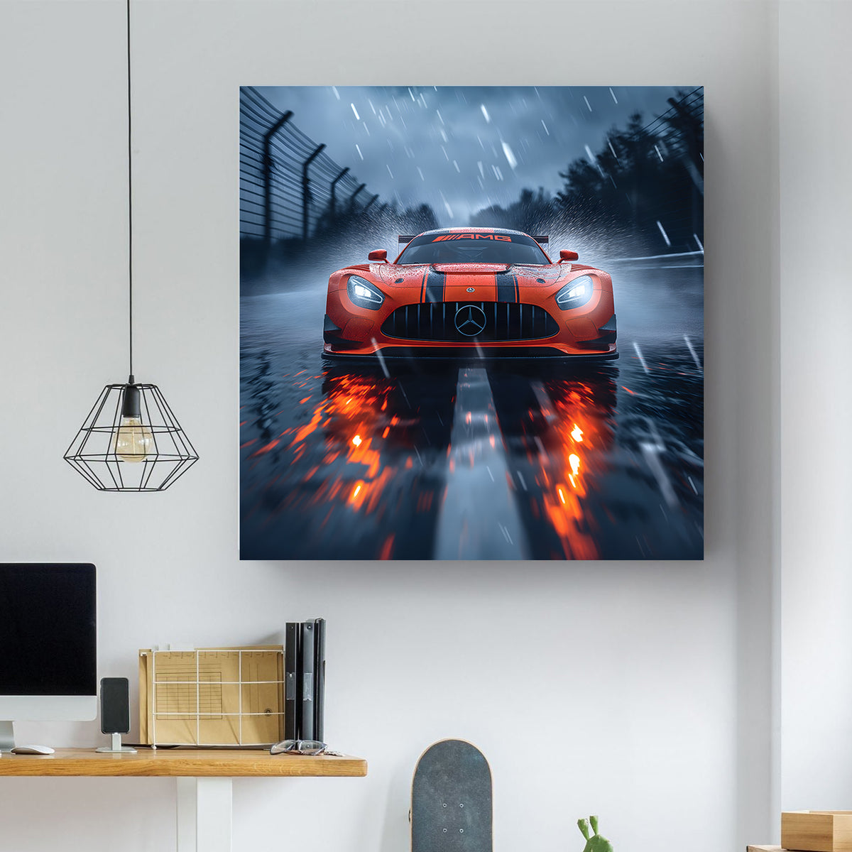 Canvas print of a Mercedes Benz AMG sports car on a wet road in a modern office setting.