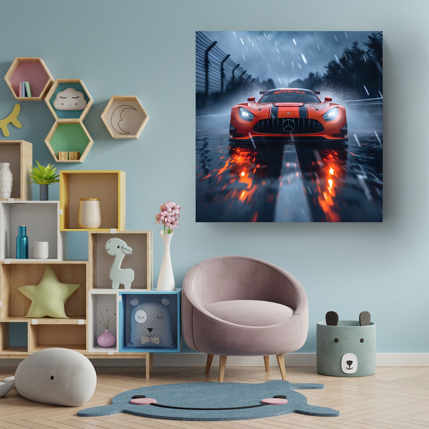 Canvas print of a Mercedes Benz AMG sports car on a wet road in a modern room interior.