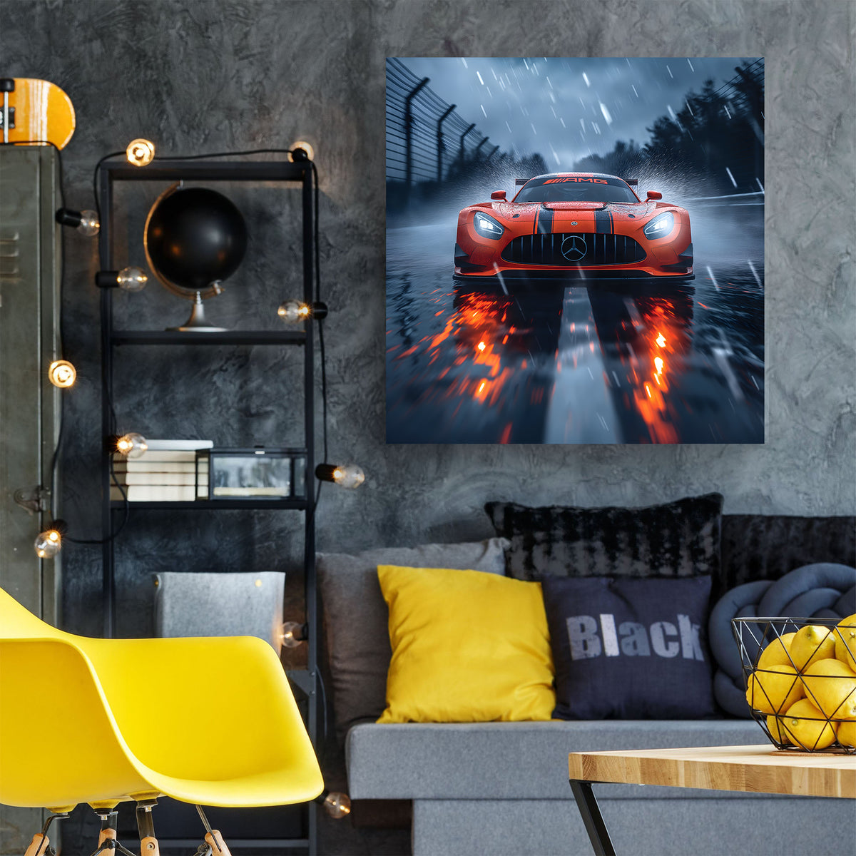 Canvas print of a Mercedes Benz AMG sports car on a wet road in a modern living room.
