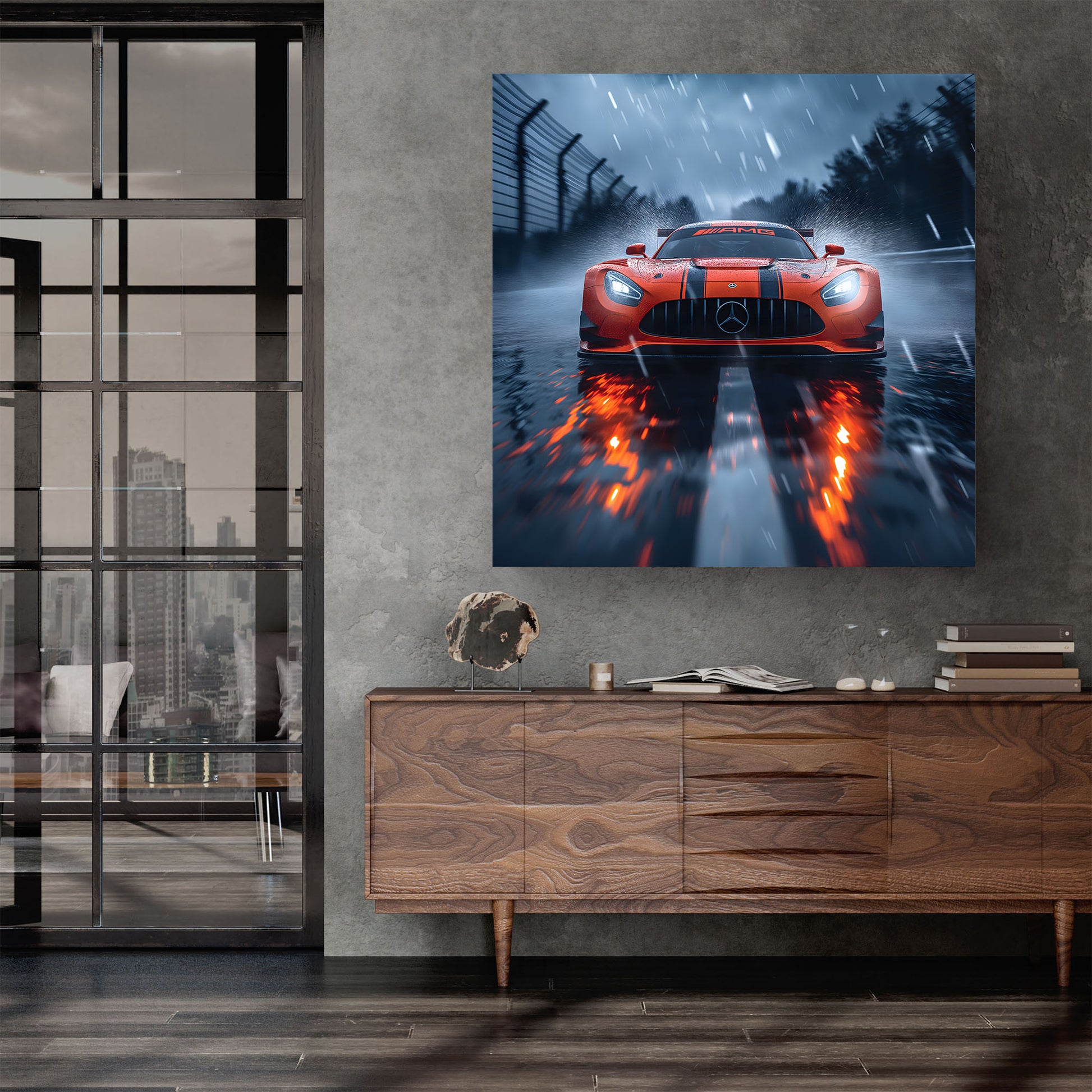 Canvas print of a Mercedes Benz AMG sports car on a wet road in a modern interior space.