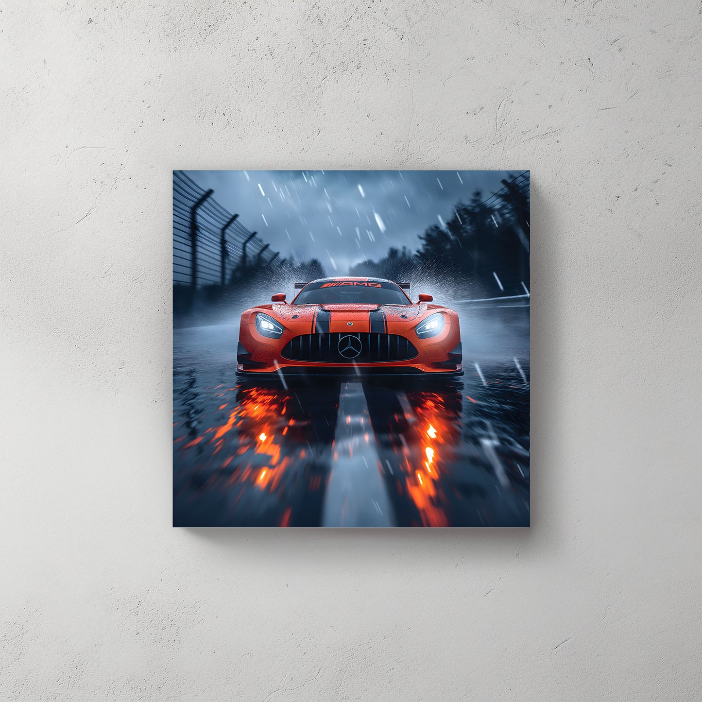 Canvas print of a Mercedes Benz AMG sports car on a wet road