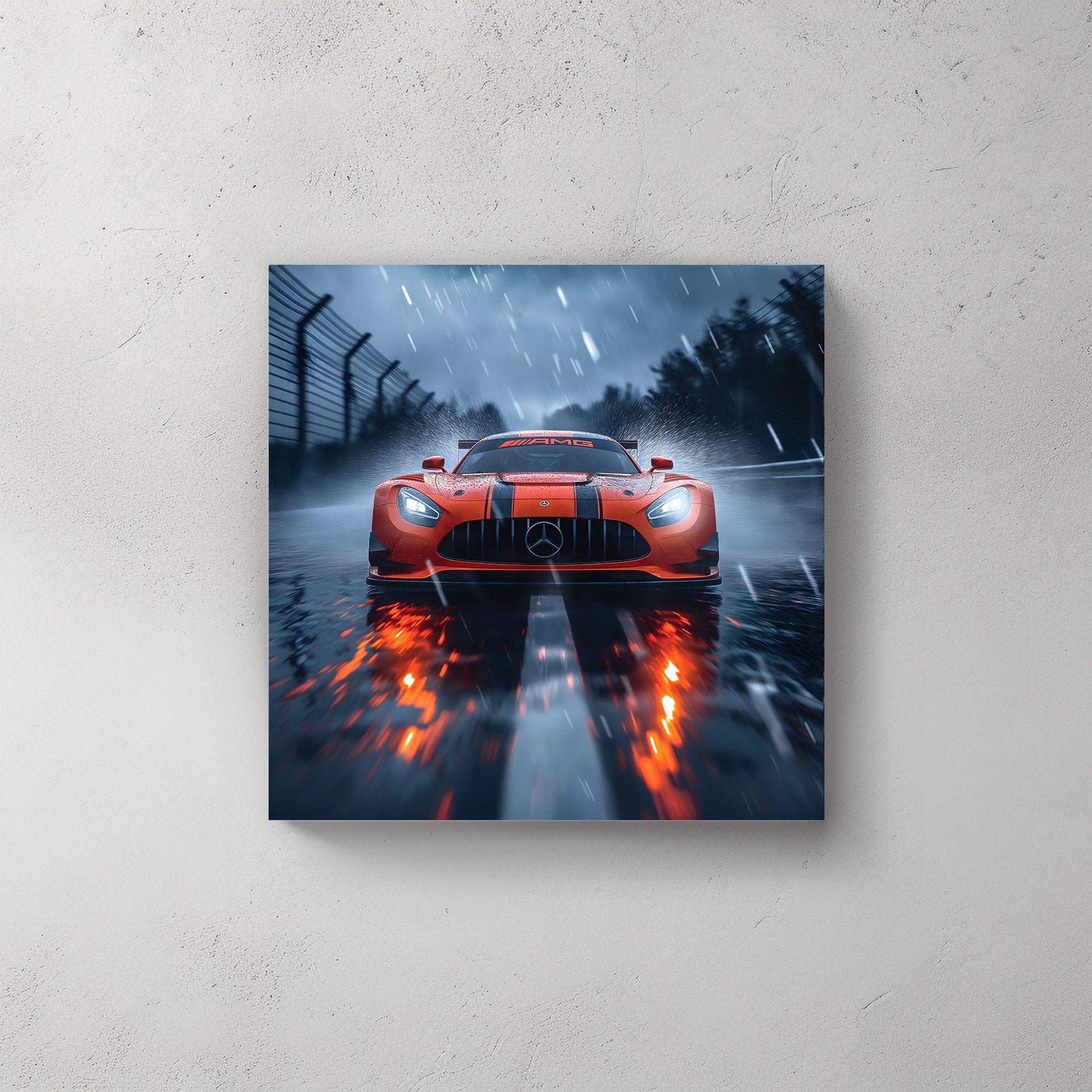 Canvas print of a Mercedes Benz AMG sports car on a wet road