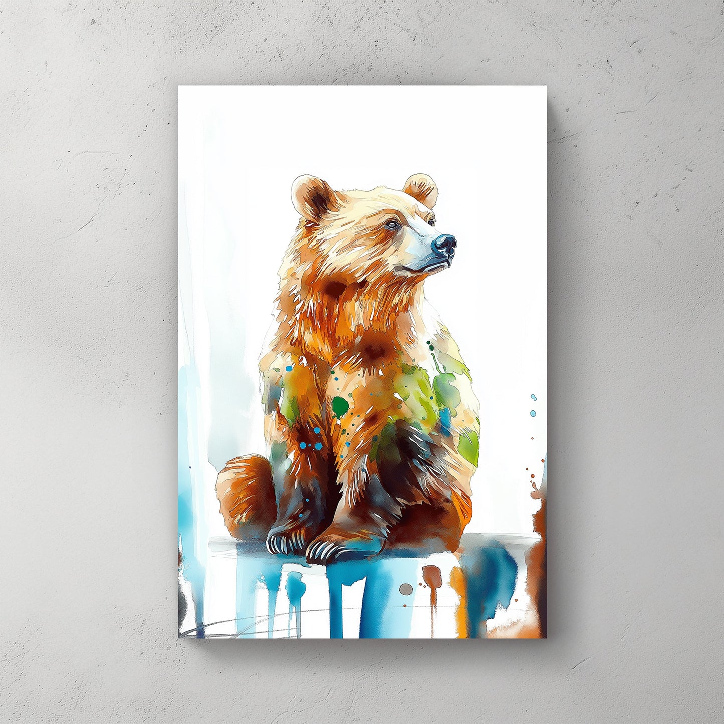 A watercolour-style wall art print of a majestic brown bear, featuring vibrant splashes of blue, green, and earthy tones against a white background.