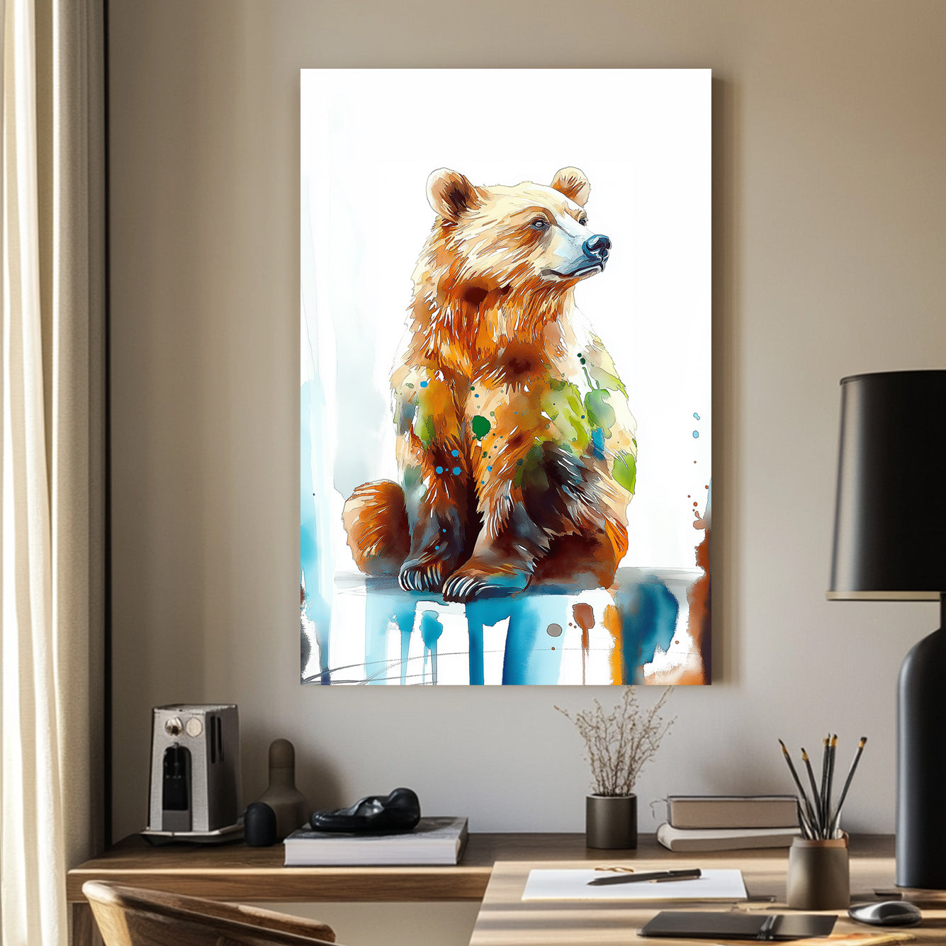 A watercolour-style wall art print of a majestic brown bear, featuring vibrant splashes of blue, green, and earthy tones against a white background.