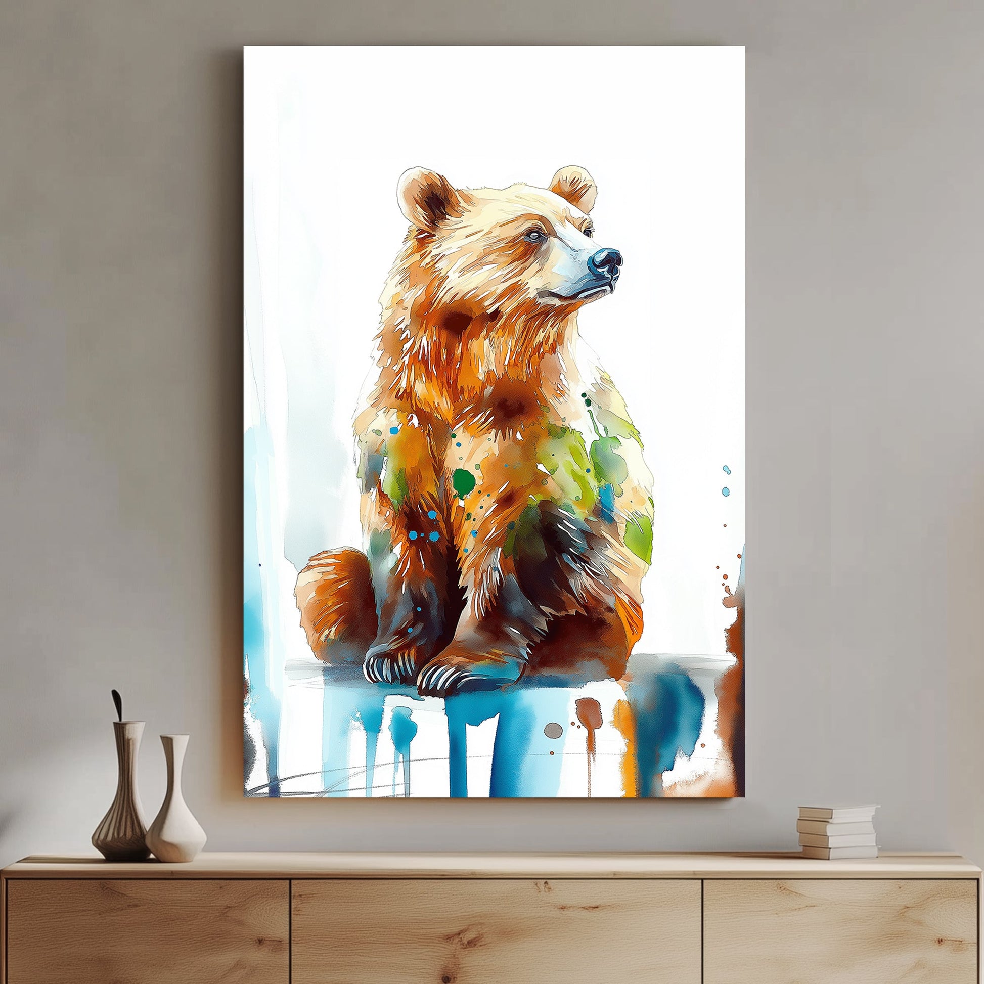 A watercolour-style wall art print of a majestic brown bear, featuring vibrant splashes of blue, green, and earthy tones against a white background.