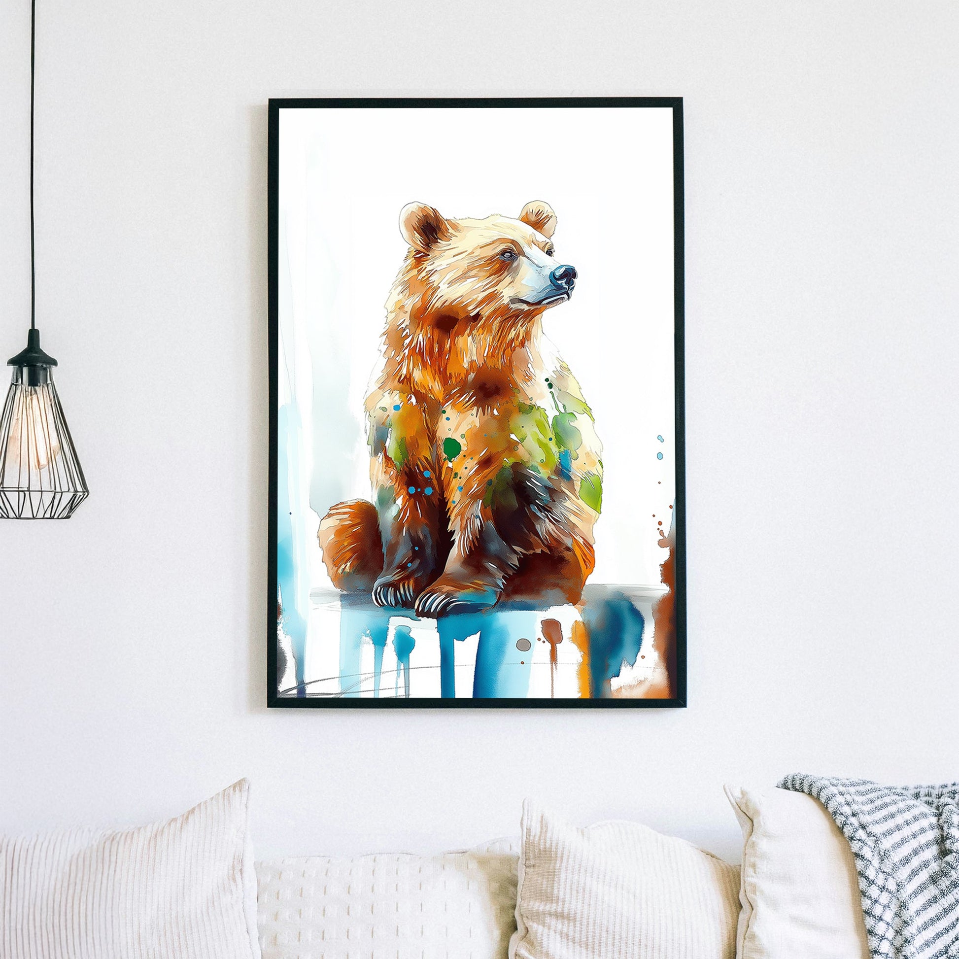 A watercolour-style wall art print of a majestic brown bear, featuring vibrant splashes of blue, green, and earthy tones against a white background.