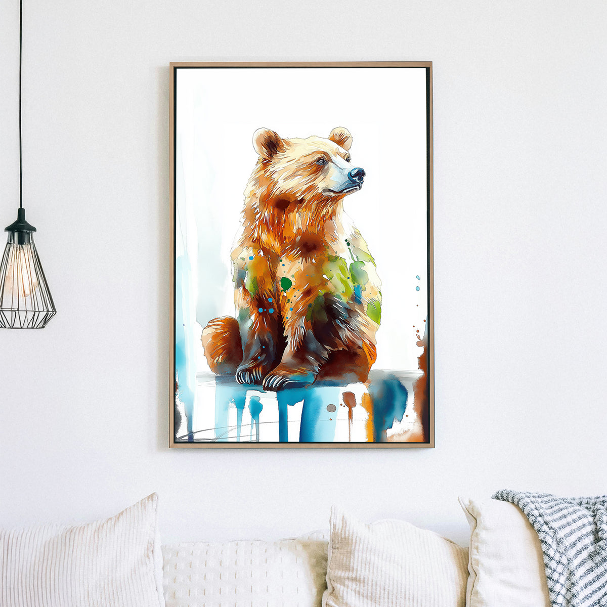 A watercolour-style wall art print of a majestic brown bear, featuring vibrant splashes of blue, green, and earthy tones against a white background.