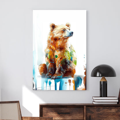 A watercolour-style wall art print of a majestic brown bear, featuring vibrant splashes of blue, green, and earthy tones against a white background.