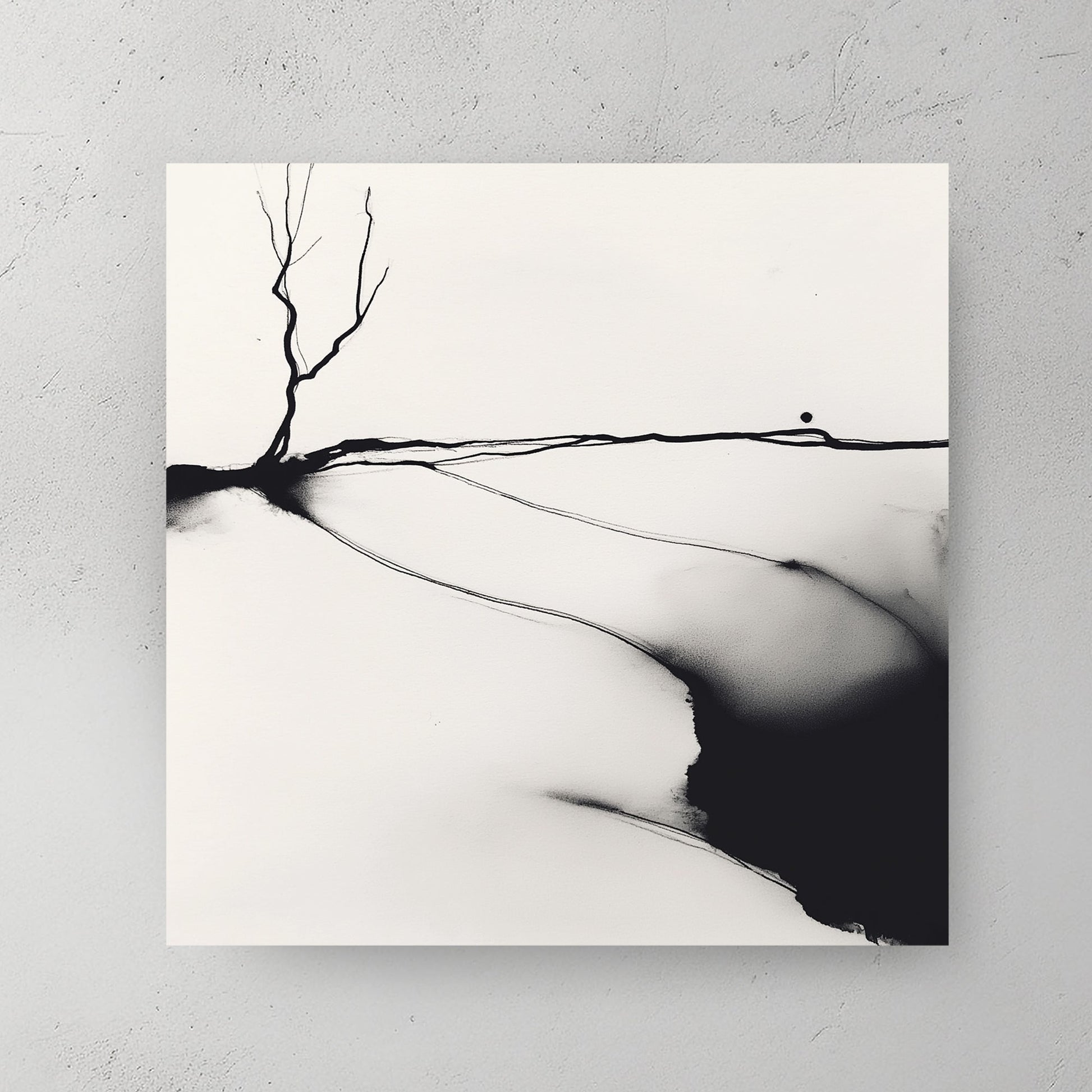 A minimalist black and white ink wall art print of a lone barren tree, set against an abstract landscape with fluid ink washes