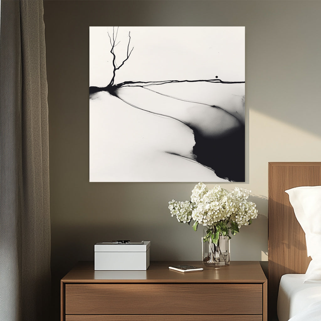 A minimalist black and white ink wall art print of a lone barren tree, set against an abstract landscape with fluid ink washes