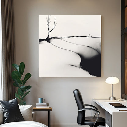 A minimalist black and white ink wall art print of a lone barren tree, set against an abstract landscape with fluid ink washes