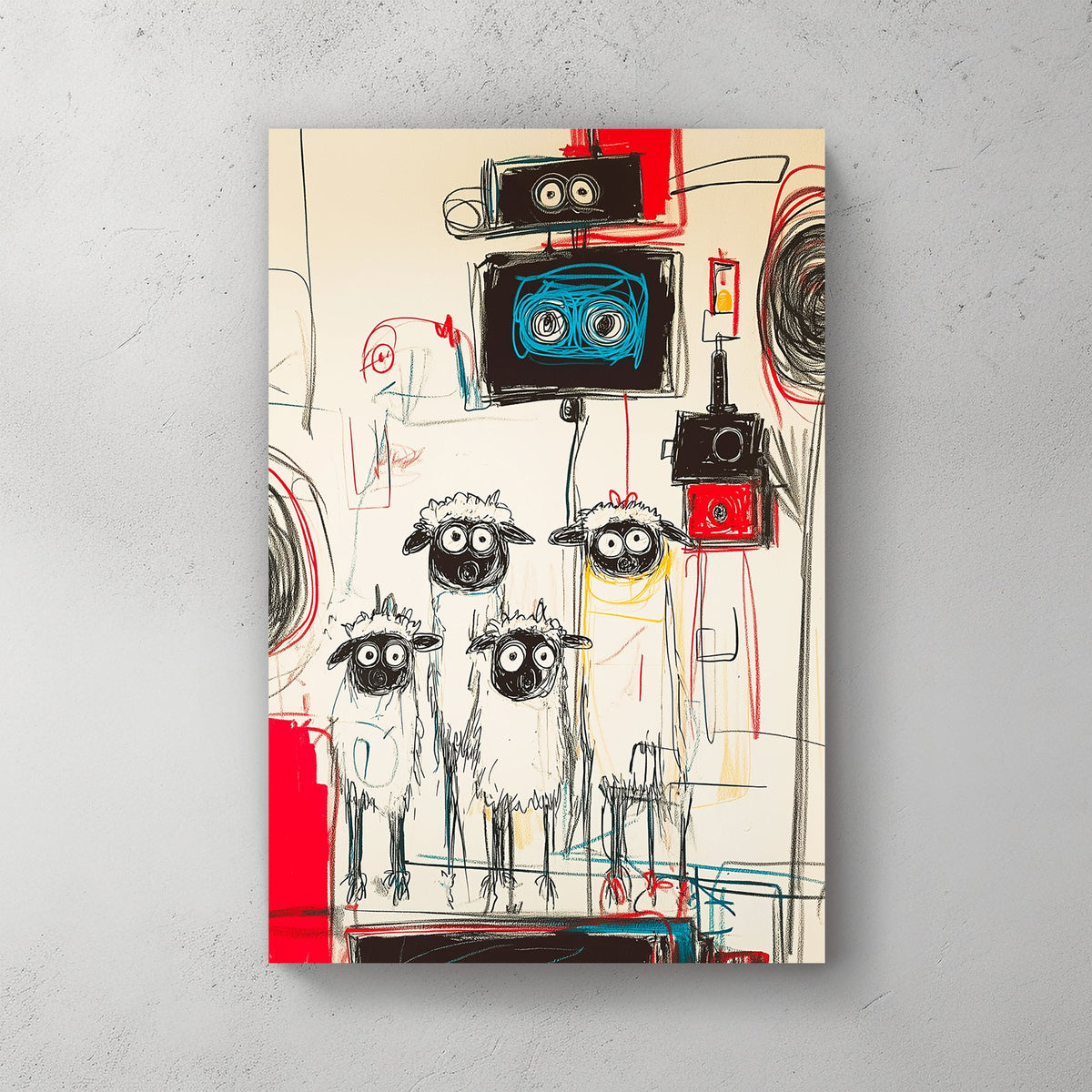 A graffiti-style abstract wall art print of wide-eyed sheep standing under robotic machines, featuring bold red, black, and blue strokes