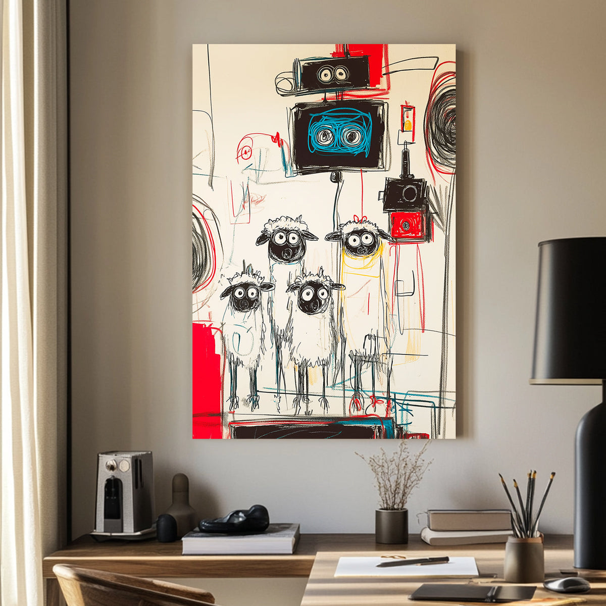 A graffiti-style abstract wall art print of wide-eyed sheep standing under robotic machines, featuring bold red, black, and blue strokes