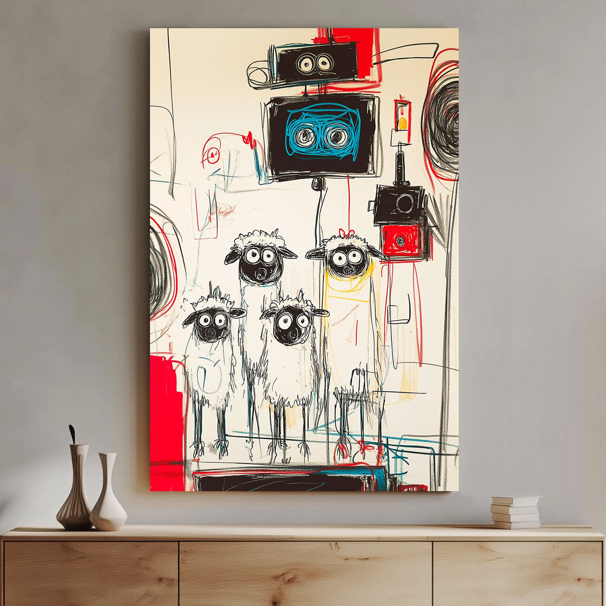 A graffiti-style abstract wall art print of wide-eyed sheep standing under robotic machines, featuring bold red, black, and blue strokes