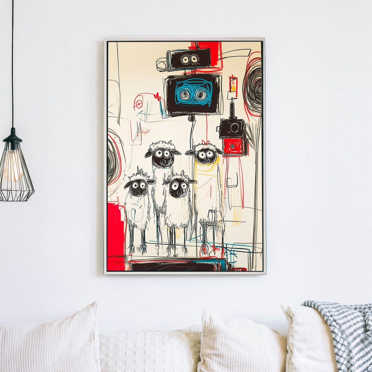 A graffiti-style abstract wall art print of wide-eyed sheep standing under robotic machines, featuring bold red, black, and blue strokes