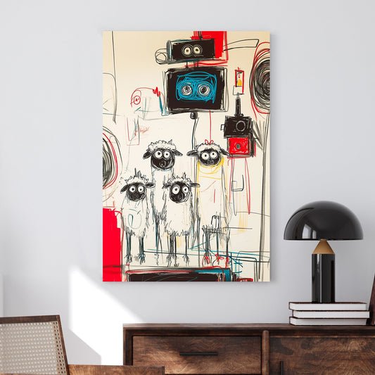 A graffiti-style abstract wall art print of wide-eyed sheep standing under robotic machines, featuring bold red, black, and blue strokes