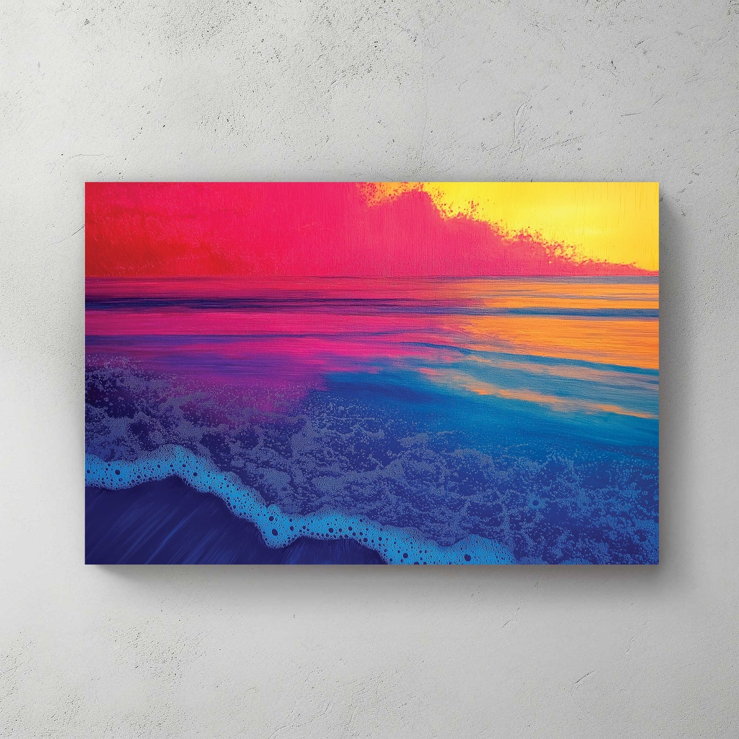 A vibrant abstract seascape with neon blue waves meeting a pink and yellow sunset, creating a surreal and dreamlike ocean scene