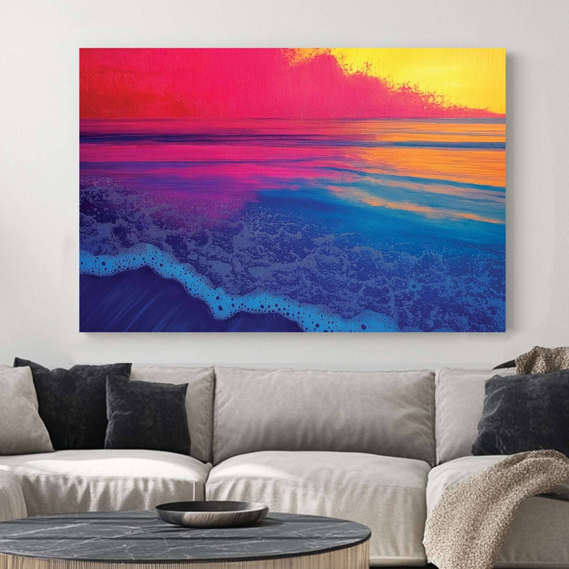 A vibrant abstract seascape with neon blue waves meeting a pink and yellow sunset, creating a surreal and dreamlike ocean scene