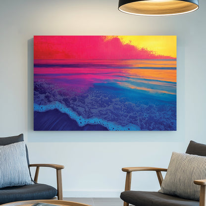 A vibrant abstract seascape with neon blue waves meeting a pink and yellow sunset, creating a surreal and dreamlike ocean scene