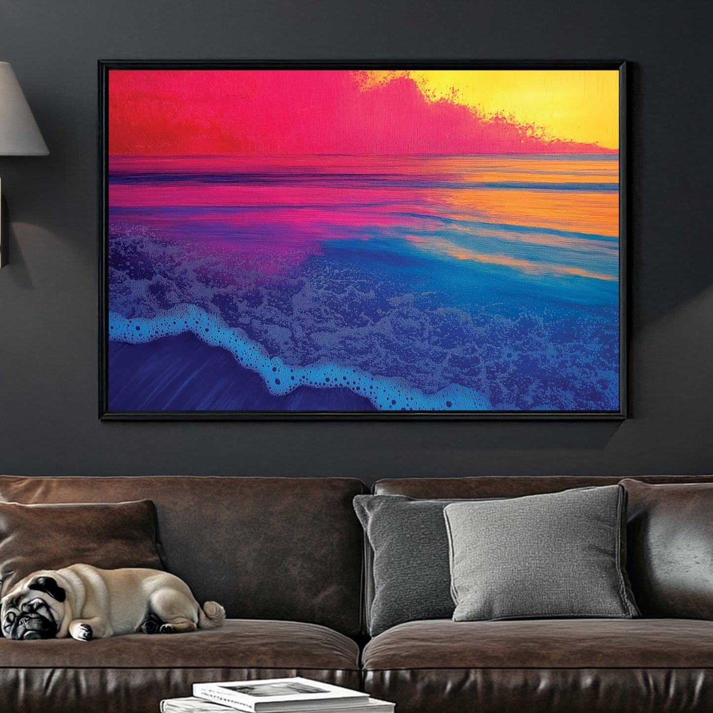 A vibrant abstract seascape with neon blue waves meeting a pink and yellow sunset, creating a surreal and dreamlike ocean scene