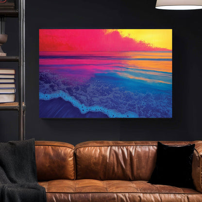 A vibrant abstract seascape with neon blue waves meeting a pink and yellow sunset, creating a surreal and dreamlike ocean scene