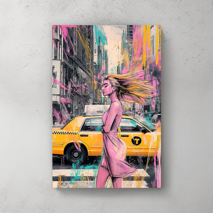 A modern urban wall art print featuring a stylish woman walking past a New York City yellow taxi, with splashes of pink, teal, and yellow graffiti-style elements.