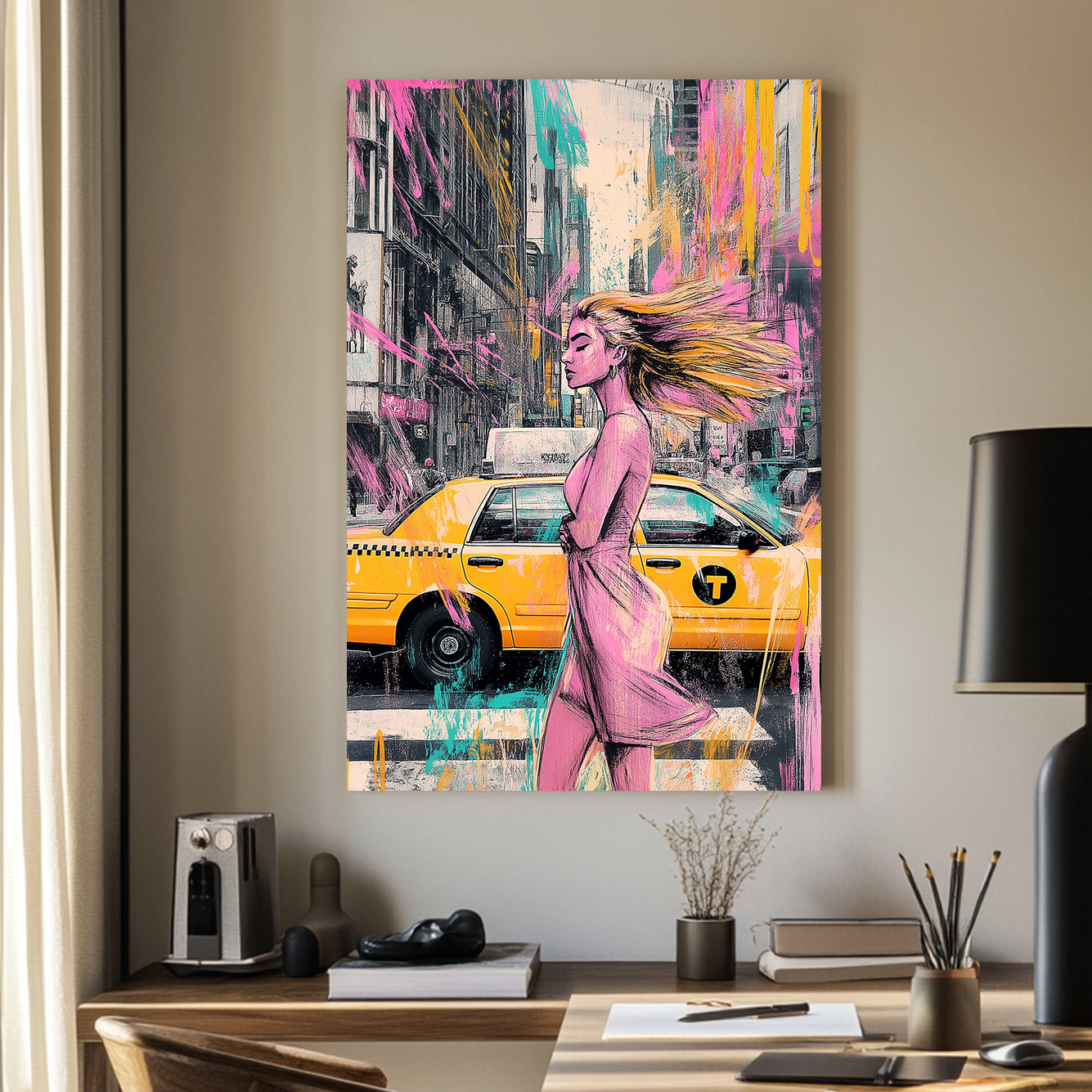 A modern urban wall art print featuring a stylish woman walking past a New York City yellow taxi, with splashes of pink, teal, and yellow graffiti-style elements.