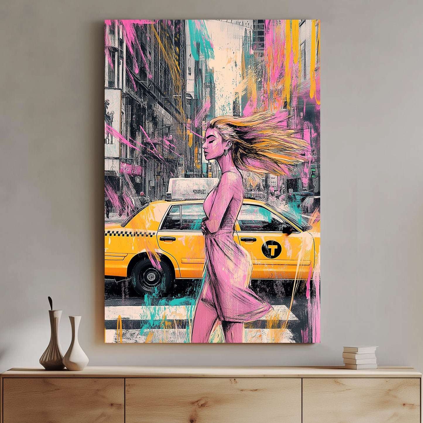 A modern urban wall art print featuring a stylish woman walking past a New York City yellow taxi, with splashes of pink, teal, and yellow graffiti-style elements.