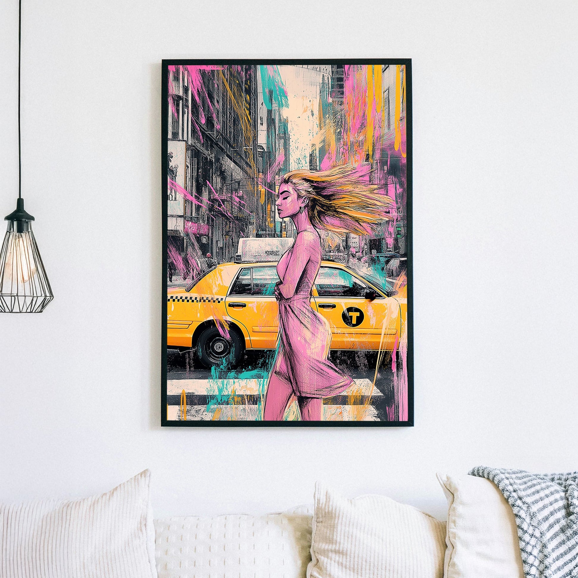 A modern urban wall art print featuring a stylish woman walking past a New York City yellow taxi, with splashes of pink, teal, and yellow graffiti-style elements.