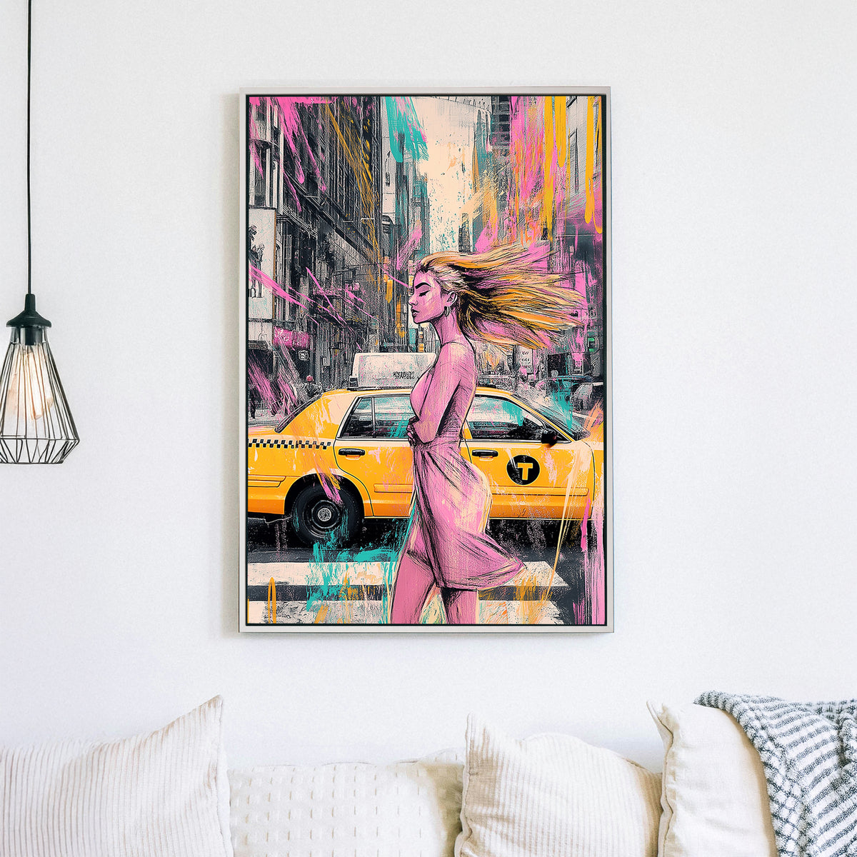 A modern urban wall art print featuring a stylish woman walking past a New York City yellow taxi, with splashes of pink, teal, and yellow graffiti-style elements.
