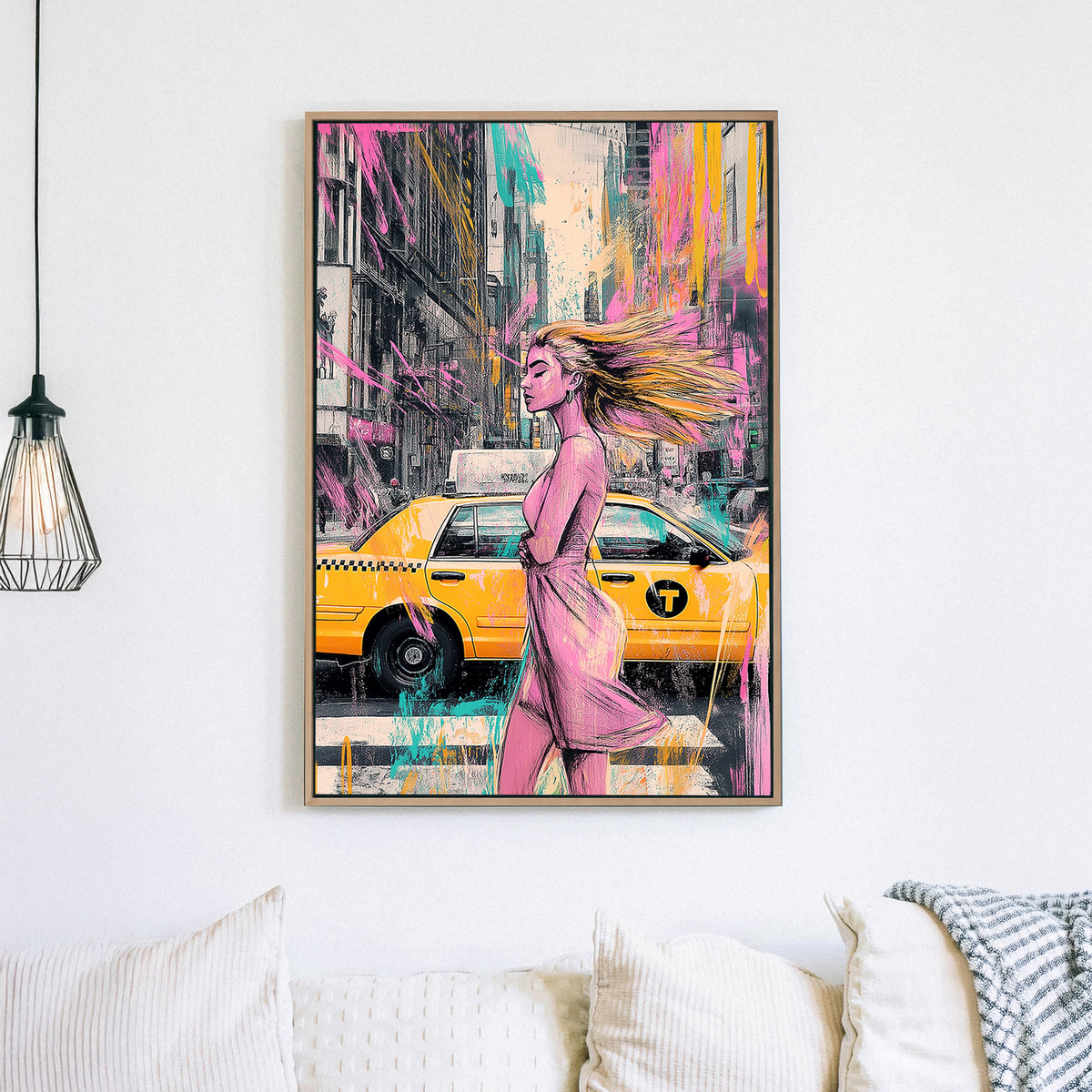 A modern urban wall art print featuring a stylish woman walking past a New York City yellow taxi, with splashes of pink, teal, and yellow graffiti-style elements.