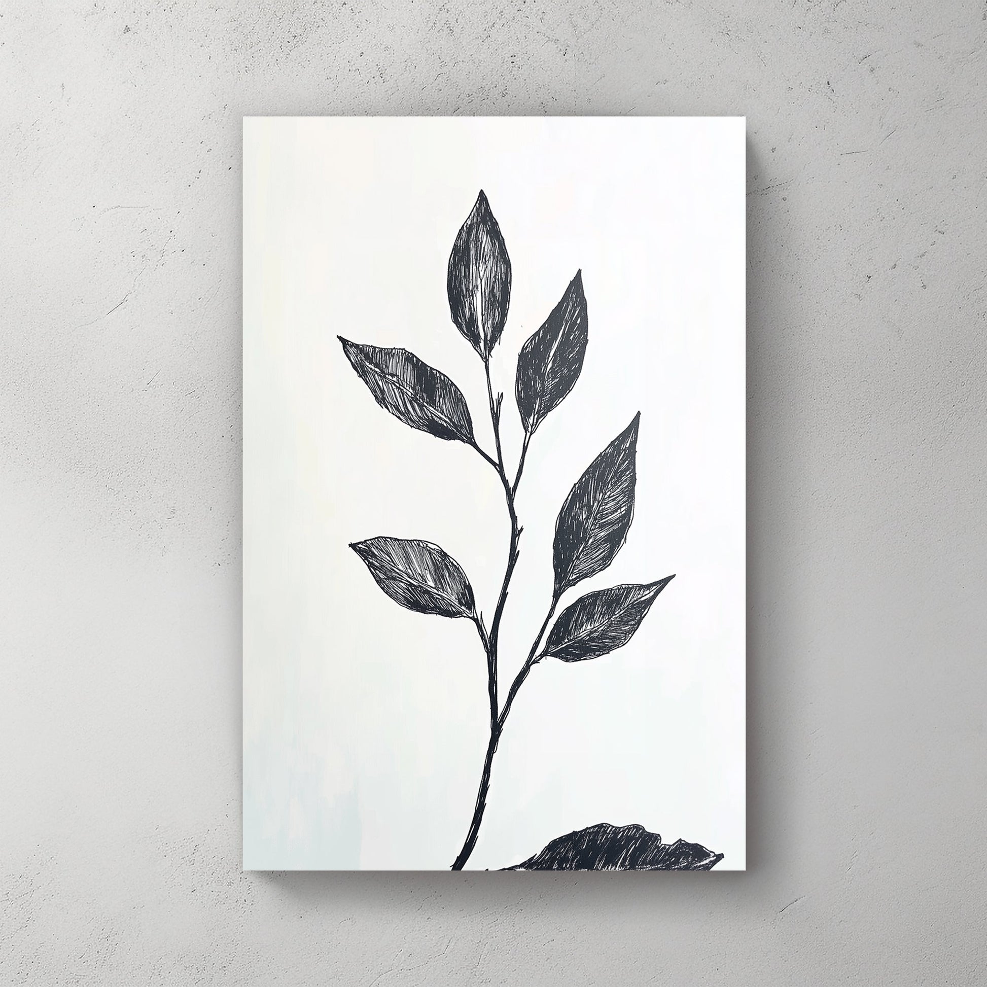 A minimalistic black and white botanical wall art print featuring a delicate hand-drawn branch with leaves, set against a light background