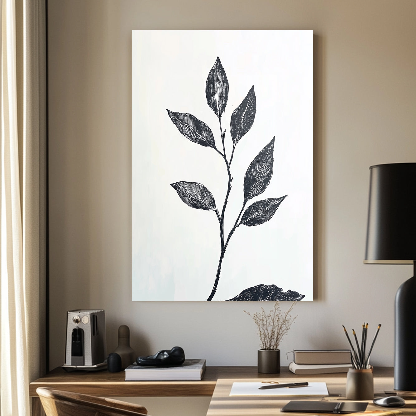 A minimalistic black and white botanical wall art print featuring a delicate hand-drawn branch with leaves, set against a light background