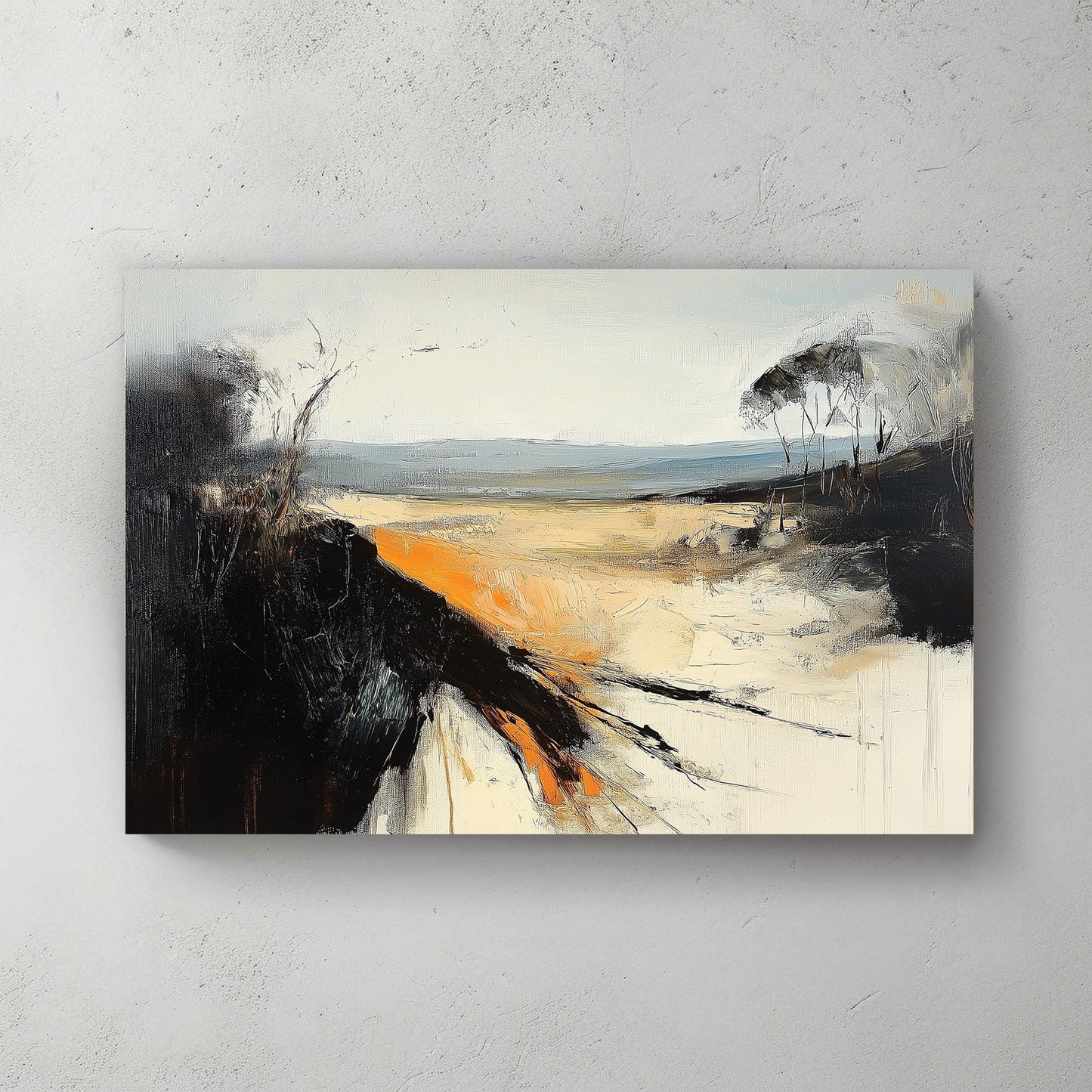 An abstract landscape wall art print with bold black textures, warm orange highlights, and soft beige tones, depicting a windswept horizon with dramatic contrast.