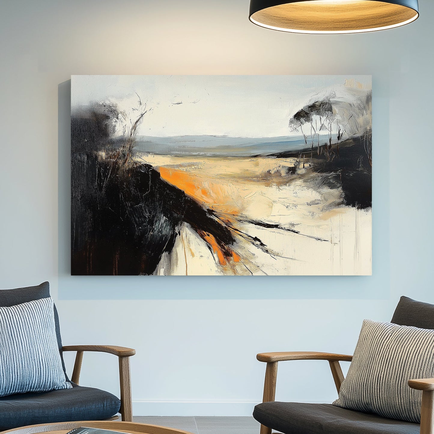 An abstract landscape wall art print with bold black textures, warm orange highlights, and soft beige tones, depicting a windswept horizon with dramatic contrast.