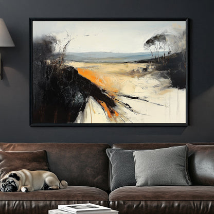 An abstract landscape wall art print with bold black textures, warm orange highlights, and soft beige tones, depicting a windswept horizon with dramatic contrast.