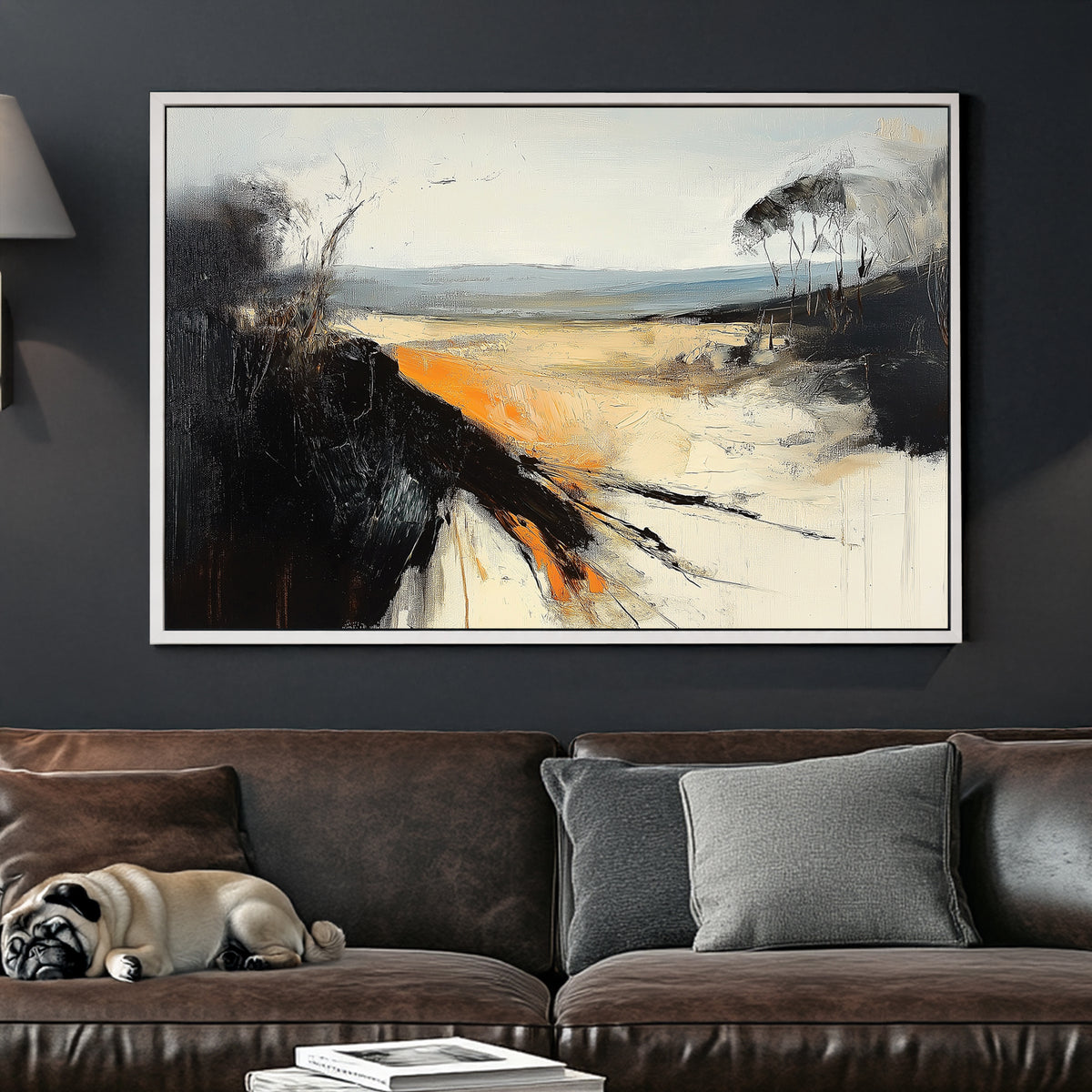 An abstract landscape wall art print with bold black textures, warm orange highlights, and soft beige tones, depicting a windswept horizon with dramatic contrast.
