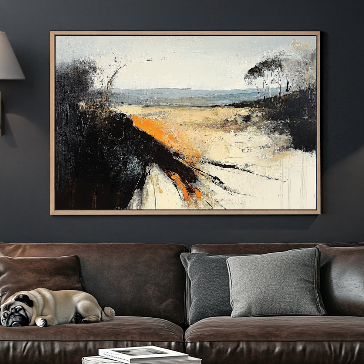 An abstract landscape wall art print with bold black textures, warm orange highlights, and soft beige tones, depicting a windswept horizon with dramatic contrast.