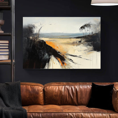 An abstract landscape wall art print with bold black textures, warm orange highlights, and soft beige tones, depicting a windswept horizon with dramatic contrast.