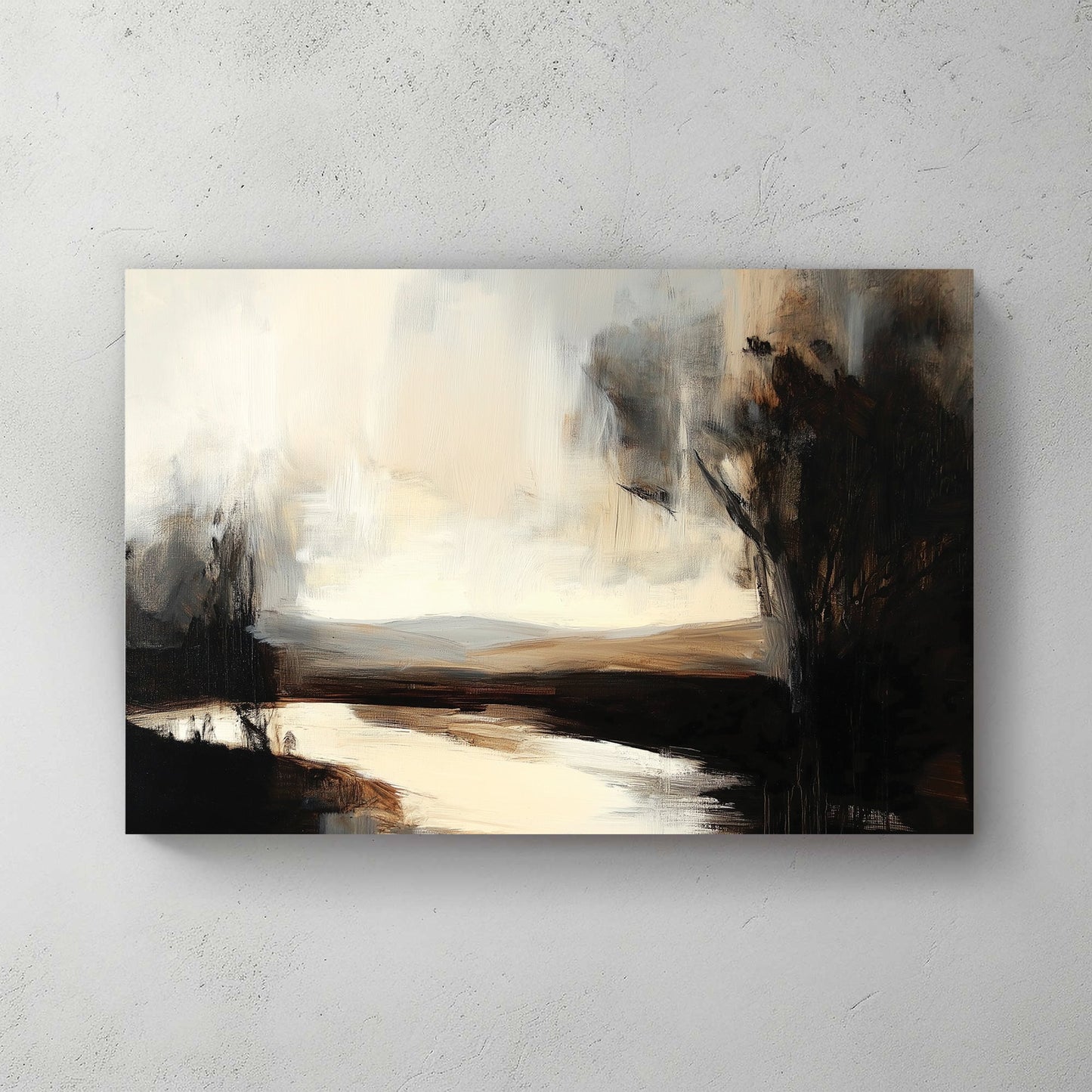 An abstract impressionist wall art print of a peaceful river at dusk, framed by dark trees and a softly glowing sky in muted gold and earthy tones