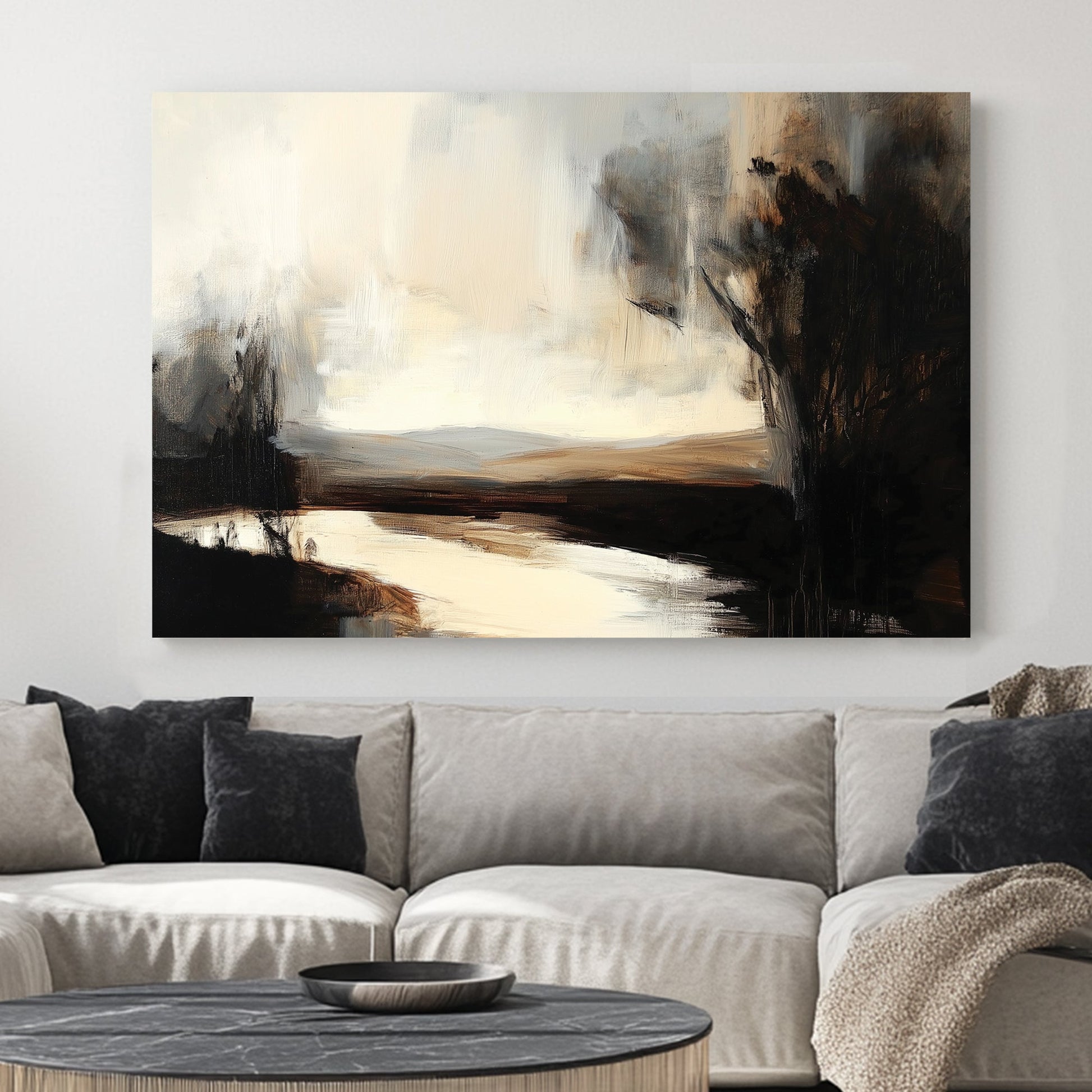 An abstract impressionist wall art print of a peaceful river at dusk, framed by dark trees and a softly glowing sky in muted gold and earthy tones