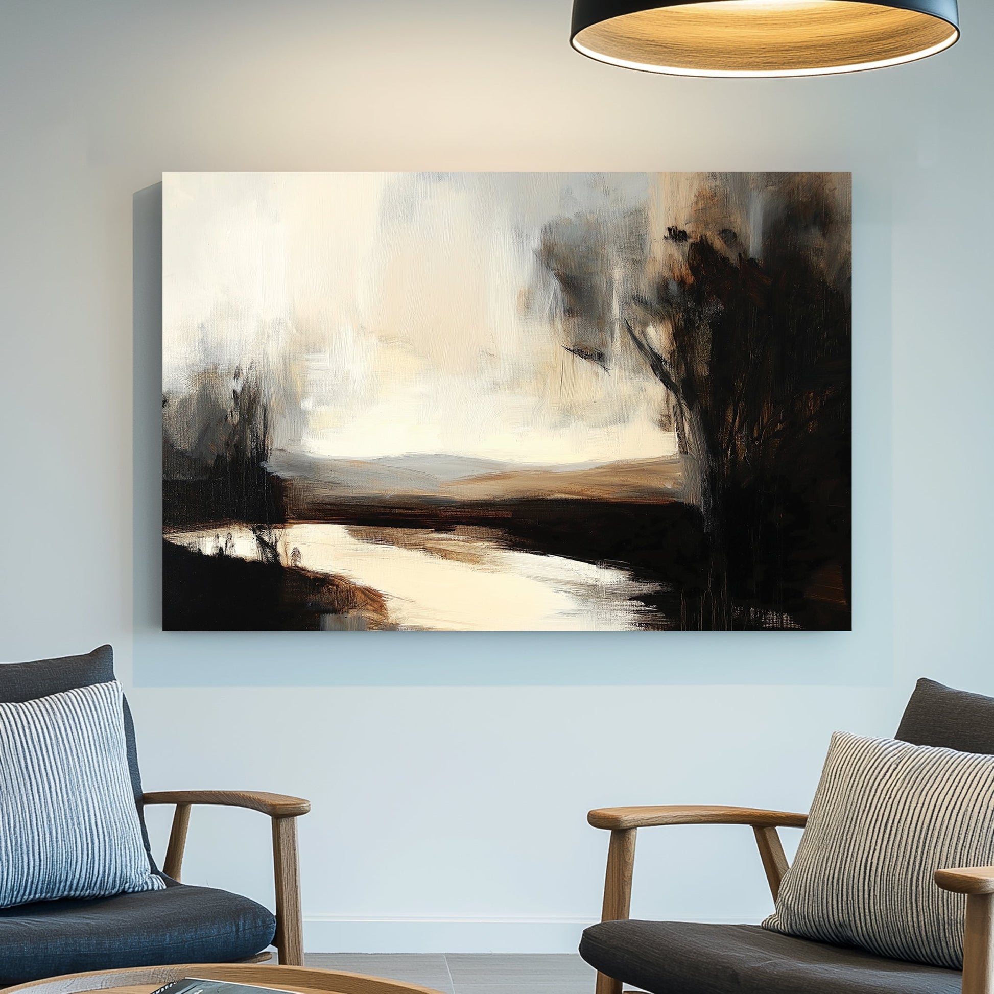 An abstract impressionist wall art print of a peaceful river at dusk, framed by dark trees and a softly glowing sky in muted gold and earthy tones