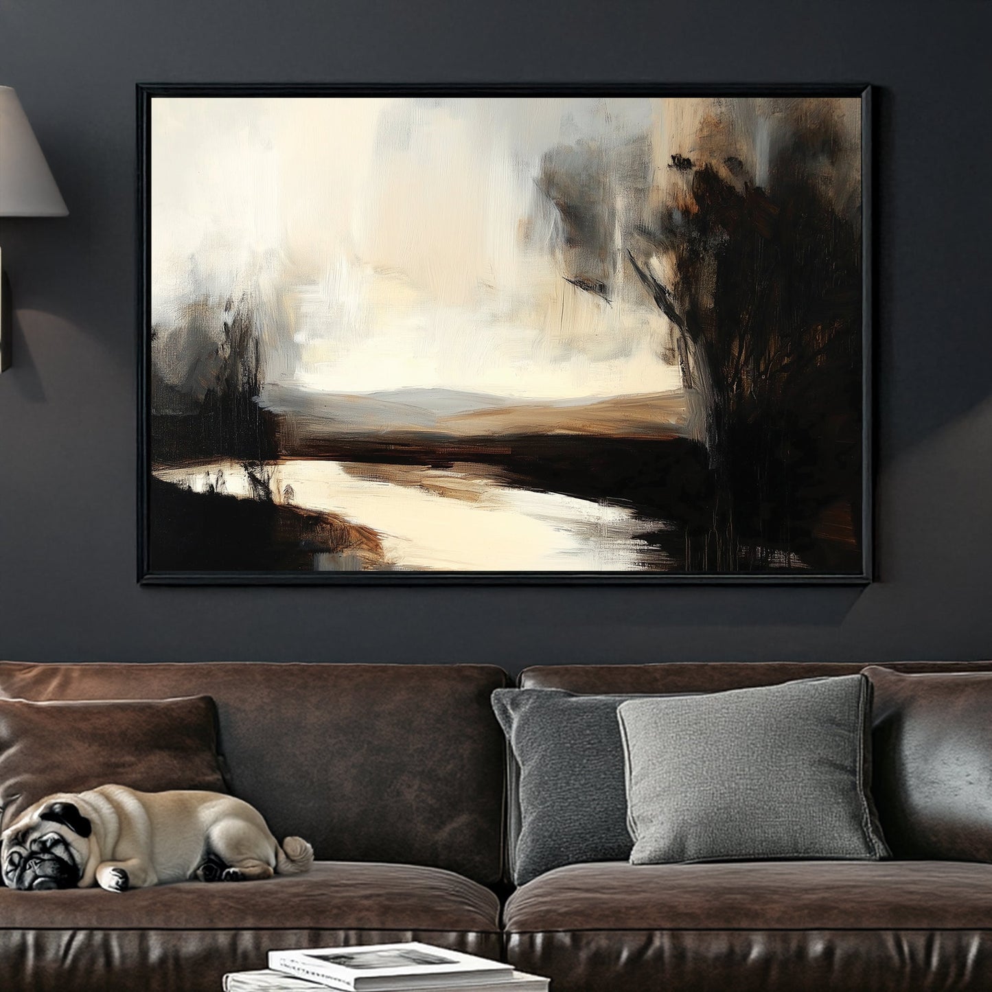 An abstract impressionist wall art print of a peaceful river at dusk, framed by dark trees and a softly glowing sky in muted gold and earthy tones