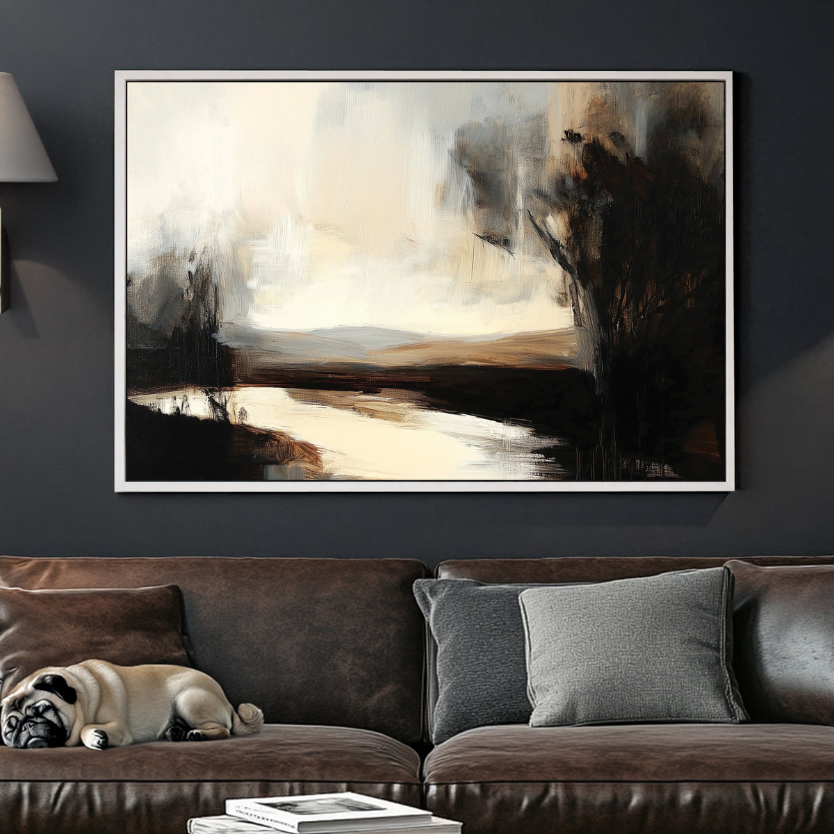 An abstract impressionist wall art print of a peaceful river at dusk, framed by dark trees and a softly glowing sky in muted gold and earthy tones