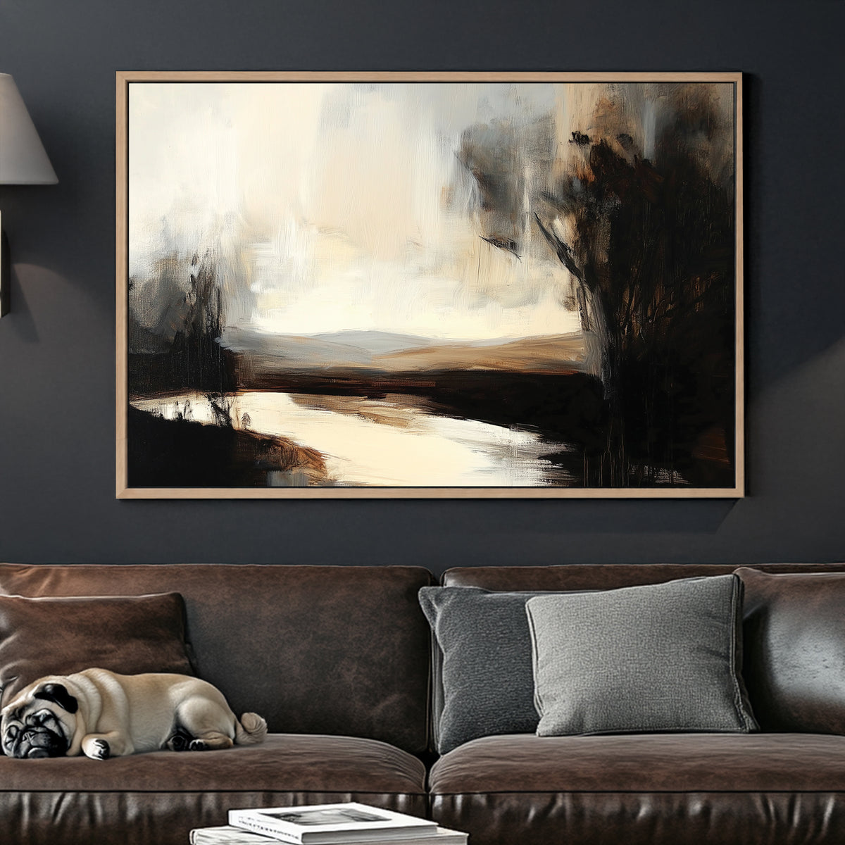 An abstract impressionist wall art print of a peaceful river at dusk, framed by dark trees and a softly glowing sky in muted gold and earthy tones