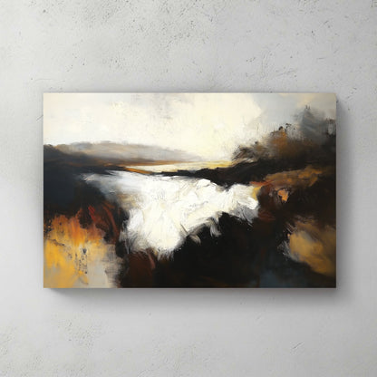 A moody impressionist wall art print of a river at dusk, with deep black and amber tones contrasting against soft whites and golden highlights